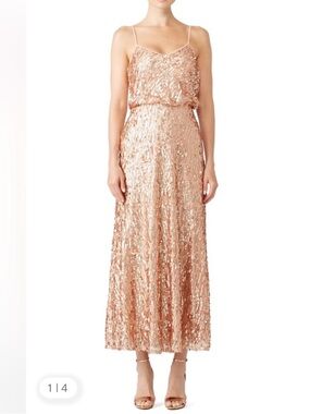 Donna Morgan Rose Gold Sequin Blouson Top Maxi Gown, See Measurements